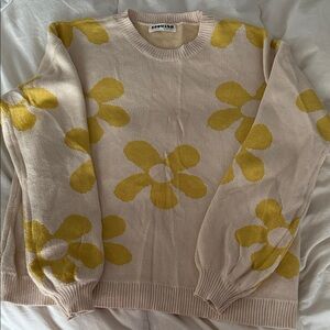 Eco Wish Cream Crewneck Sweater with Yellow Floral Motif
